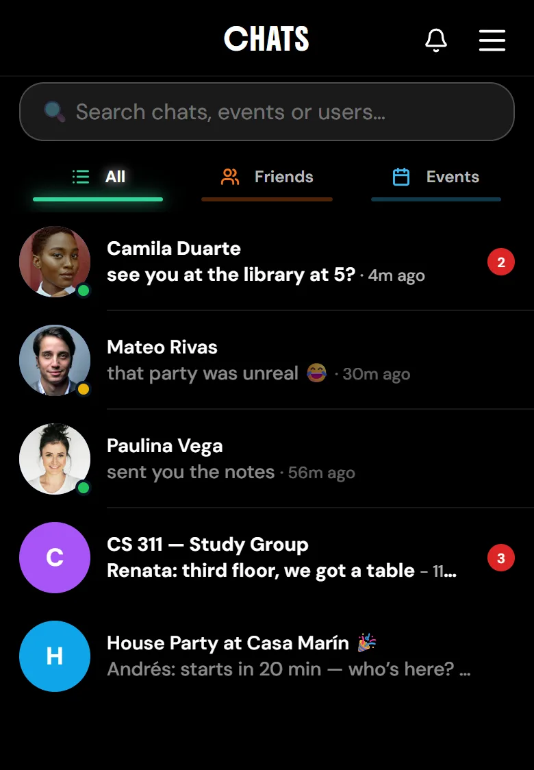 The UndrGradz Chats screen: a search field, the All, Friends and Events tabs, and a list of conversations mixing direct messages with a course study group and the group chat of an event, each with its last message and unread badge.