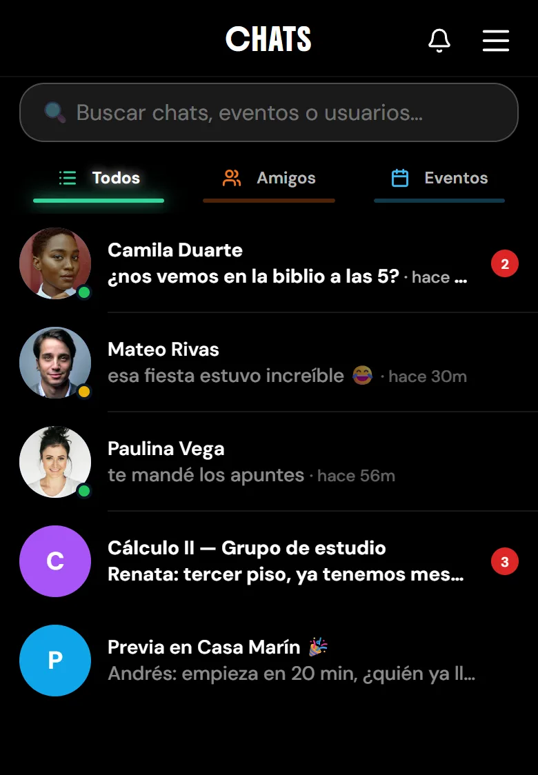 La pantalla de Chats de UndrGradz: un campo de busqueda, las pestanas Todos, Amigos y Eventos, y una lista de conversaciones que mezcla mensajes directos con un grupo de estudio por materia y el chat de un evento, cada uno con su ultimo mensaje y su marca de no leidos.