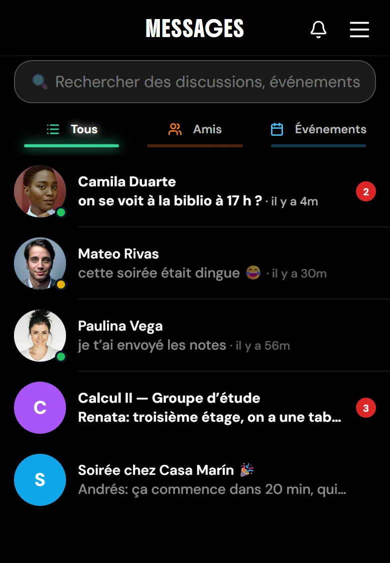 L'ecran Messages d'UndrGradz : un champ de recherche, les onglets Tous, Amis et Evenements, et une liste de conversations melant messages directs, un groupe d'etude par cours et la discussion de groupe d'un evenement, chacun avec son dernier message et son badge de non-lus.