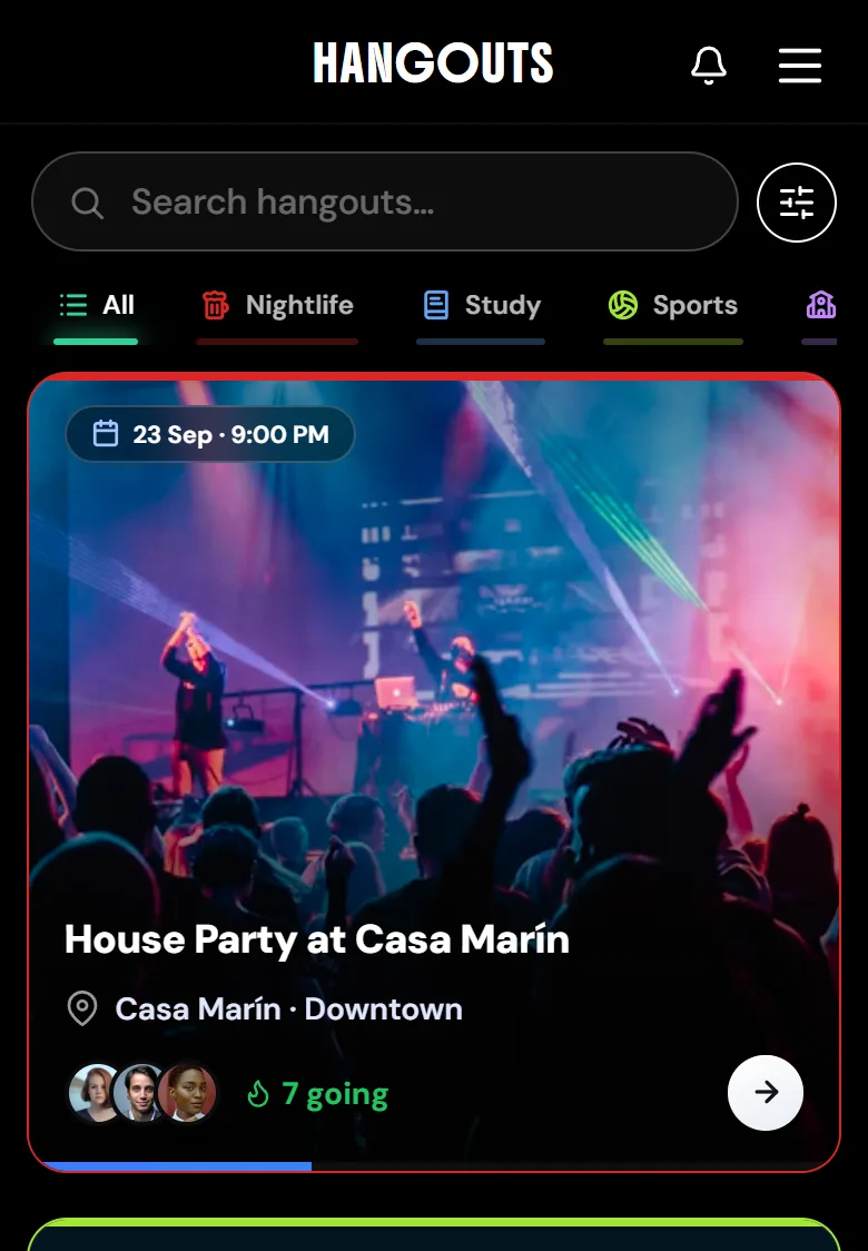 The UndrGradz Hangouts screen: a search field, the All, Nightlife, Study and Sports tabs, and event cards with a cover photo, date and time, venue, the faces of who is going and a live attendee count.