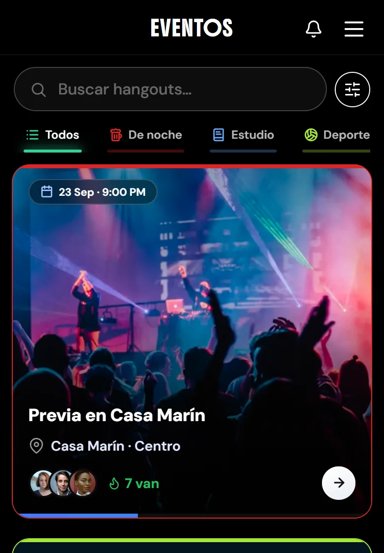 La pantalla de Eventos de UndrGradz: un campo de busqueda, las pestanas Todos, De noche, Estudio y Deporte, y tarjetas de evento con foto de portada, fecha y hora, lugar, las caras de quienes van y el conteo de asistentes.