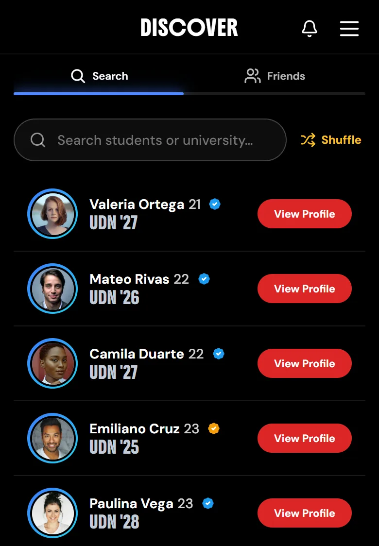 The UndrGradz Discover screen: the Search tab, with a search field and a list of verified students from the same university, each with a photo, name, age, verification check, school and graduation year, and a View Profile button.